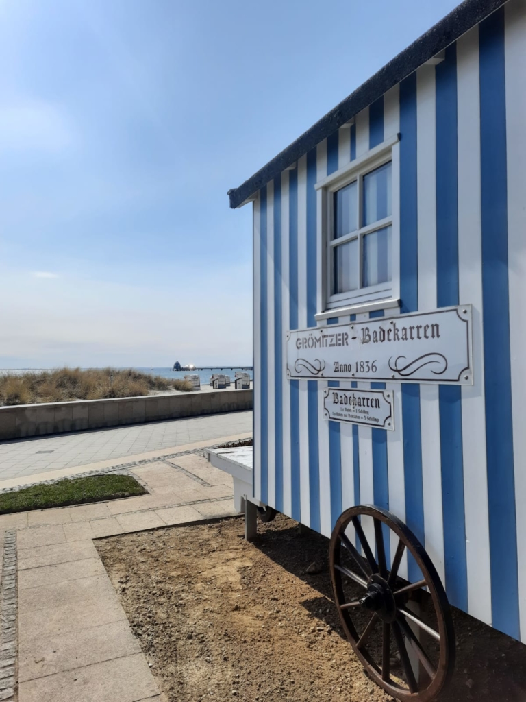 Grömitzer Strandkorb Geschichte mit dem Badekarren von 1836, im Hintergrund Original Strandkörbe am Meer